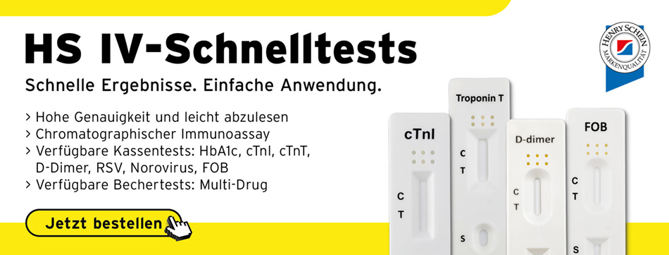 Henry Schein IV-Schnelltests, schnelle Ergebnisse, einfache Anwendung, hohe Genauigkeit und leicht abzulesen, chromatographischer Immunoassay, verfügbare Kassettentests:HbA1c,cTnI, cTnT, D-Dimer, RSV, Norovirus, FOB; verfuegbare Bechertests: Multi-Drug
