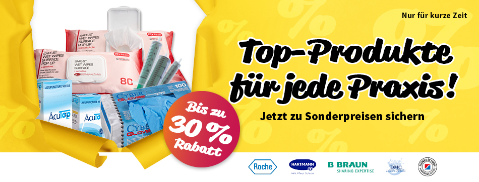 PxD Praxis-Discount | top produkte, sonderpreis, bis zu 30% sparen, praxis discount, hartmann, bacillol 30 sensitive tissues, roche, combur urinteststreifen, acutop akupunkturnadeln, dmc, nitrilhandschuhe, desinfektionstuecher