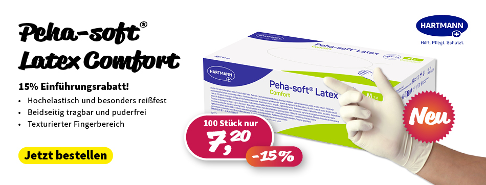 PxD Praxis-Discount | peha soft latex comfort, hartmann, handschuhe, latexhandschuhe, praxis discount, hochelastisch und besonders reißfest, hervorragende Passform mit hohem Tastempfinden, beidseitig tragbar, puderfrei