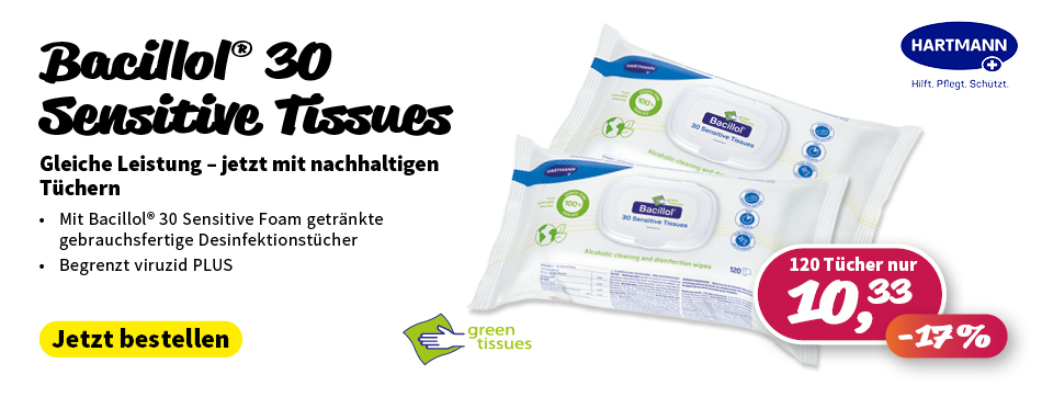 bacillol 30 sensitive tissues, desinfektionstuecher, hartmann, praxis discount, 17% rabatt sparen, gebrauchsfertig, begrenzt viruzid plus