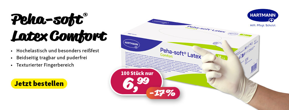 peha soft latex comfort, hartmann, handschuhe, latexhandschuhe, praxis discount, hochelastisch und besonders reißfest, hervorragende Passform mit hohem Tastempfinden, beidseitig tragbar, puderfrei