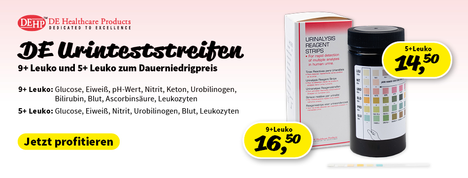 de urinteststreifen, 9+ Leuko, glucose, eiweiß, ph-wert, nitrit, keton, blut, ascorbinsaeure, leukozyten, 5+ leuko, de healthcare, praxis discount