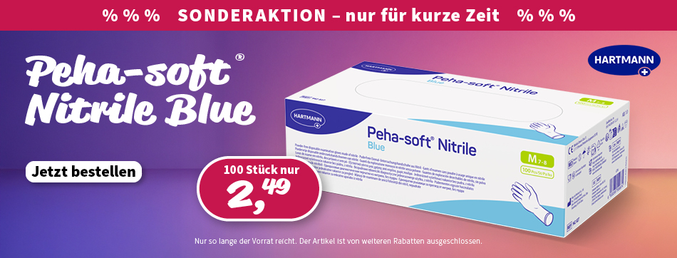 Dreifach qualifiziert, MDR Klasse I, PSA Kategorie III, für Lebensmittelkontakt, aus blauem latexfreien Nitrilkautschuh, peha soft nitrile blue, hartmann, puderfrei, latexfrei, untersuchungshandschuh
