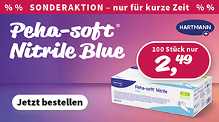 Dreifach qualifiziert, MDR Klasse I, PSA Kategorie III, für Lebensmittelkontakt, aus blauem latexfreien Nitrilkautschuh, peha soft nitrile blue, hartmann, puderfrei, latexfrei, untersuchungshandschuh