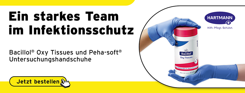 bacillol oxy tissues, hartmann, desinfektionstuecher, wischdesinfektion, Peha Soft Nitrile Fino, Peha Soft Nitrile Guard, nitrilhandschuhe, nitriluntersuchungshandschuhe