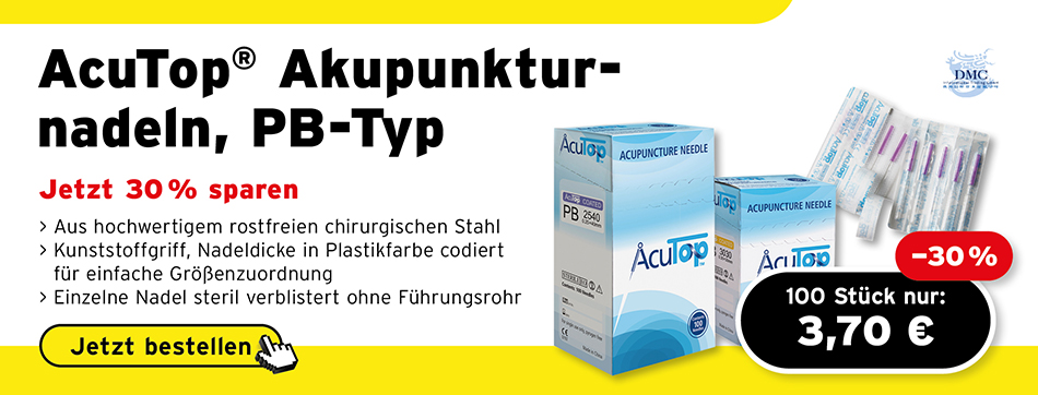 Beschichtete Akupunkturnadeln aus hochwertigem, rostfreiem chirurgischen Stahl mit Kunststoffgriff, sanftes schmerzfreies Einstechen in die Haut durch besonders polierte und hauchfein silikonisierte Nadelspitze