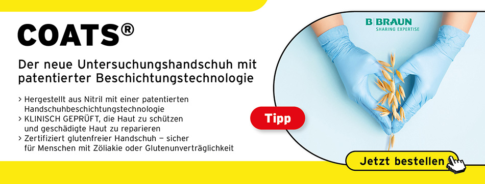 COATS® – der neue Untersuchungshandschuh mit patentierter Beschichtungstechnologie, aus Nitril, zu 100 % aus natuerlichem kolloidalem Hafermehl, KLINISCH GEPRueFT, die Haut zu schuetzen und geschaedigte Haut zu reparieren