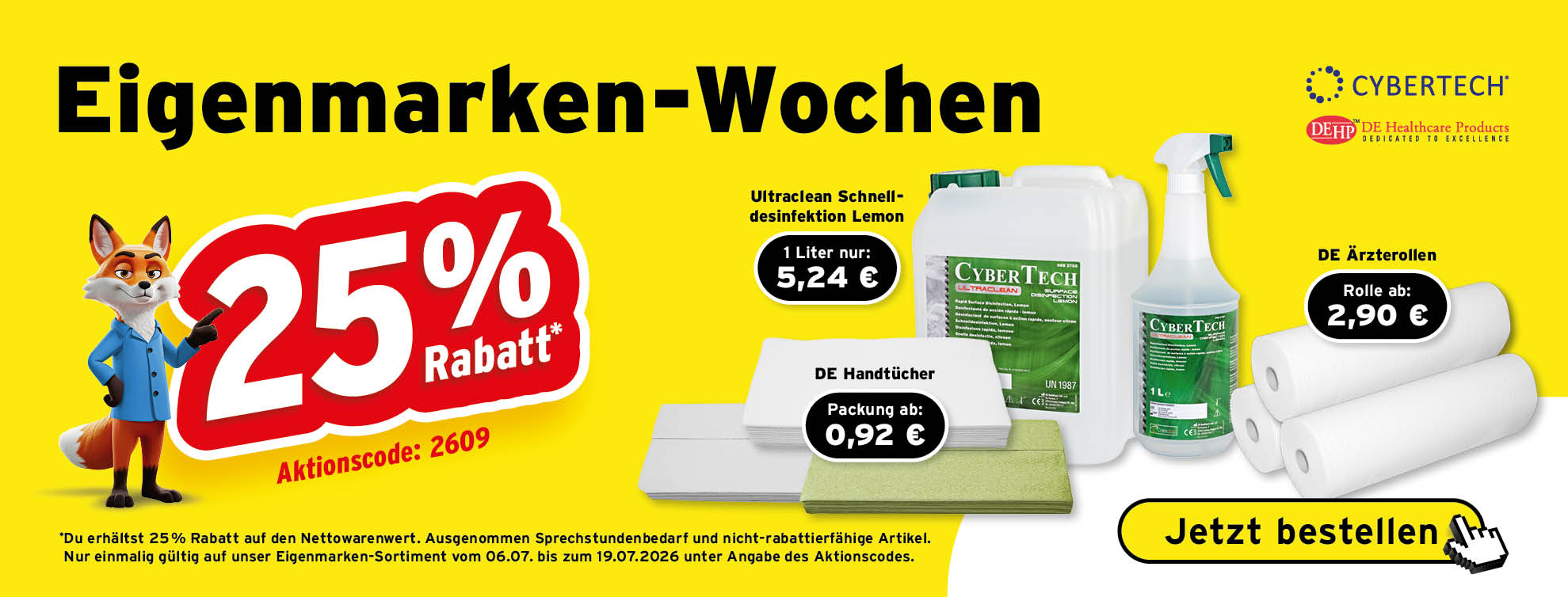 25% rabatt auf die eigenmarke, de healthcare, cybertech, guenstige alternative, budgetfreundlich, desinfektion, hygiene